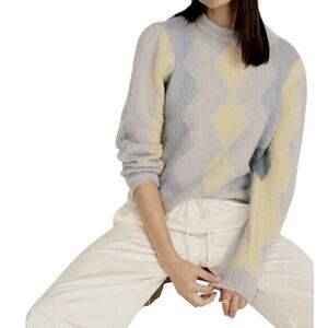 J. Crew Cozy Diamond-Checked Argyle Cropped Preppy Sweater Pastel Blue Yellow 2X